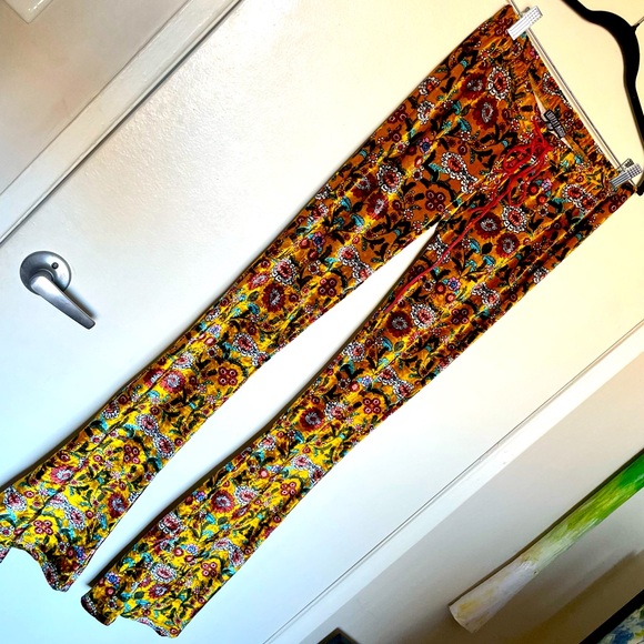 Current Mood Pants - Current Mood 70s vibe velvet paisley floral print flare pants yellow red